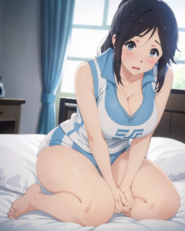 whole body(From head to toe)View image:1.3、masterpiece、Highest quality、Beautiful woman、A thin pilot suit that resembles a school swimsuit(Evangelion style)、Big Breasts 、Black-haired、A mischievous smile that pleases men:1.3、Beautiful legs、Sweaty、blush、Sweaty clothes、Detailed costume、Detailed skin、Lie down in bed:1.2、Big penis