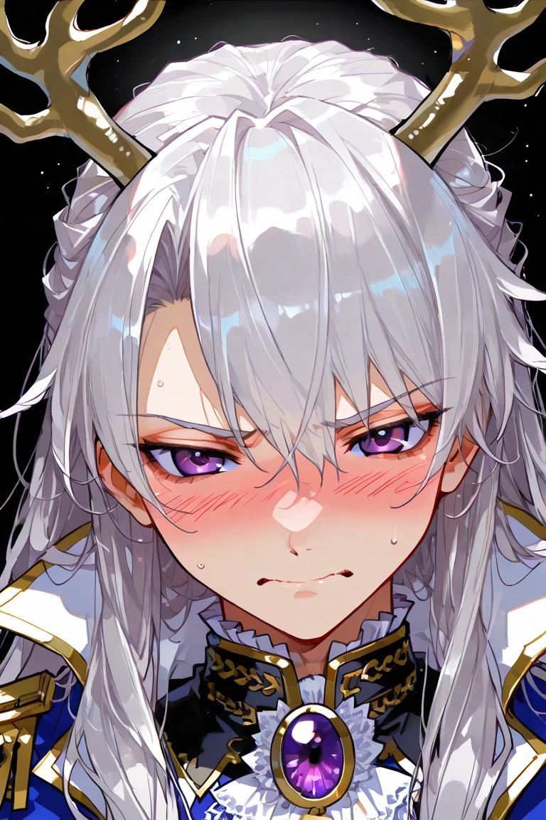 woman, blue eyes, long hair, white hair, mature, god eyes, diamond earings, glowing right eyes, two colors eyes, purple eyes, golden armor, injured, blood, dead, tears, glowing eyes