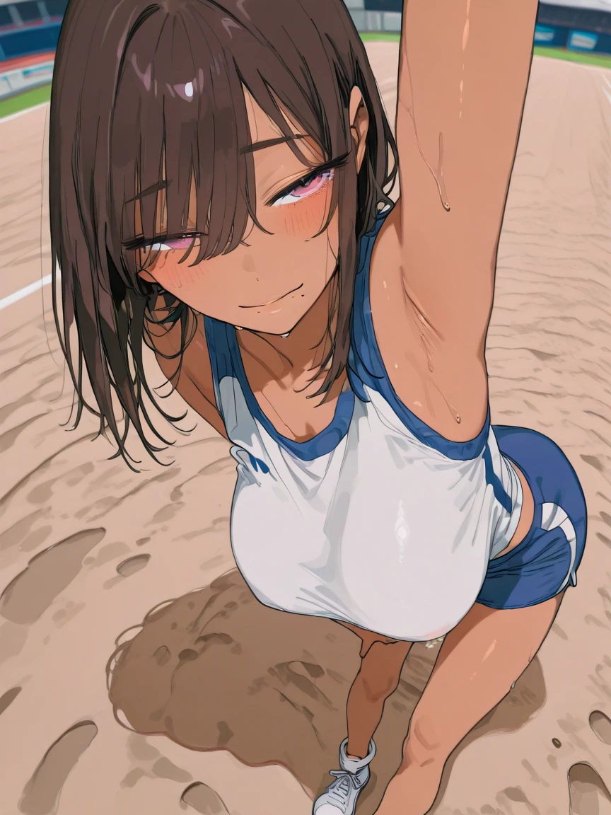 (((medium breasts))), ((best quality)), ((masterpiece)), (detailed), (((perfect face))), ((slender 16yo teenage girl)), (((wearing short black cycling shorts))), ((medium breasts)), ((brunette)), ((ponytail)), ((((topless)))), (((blue eyes))), ((shy:1.3)), ((blushing:1.5)), ((skinny thighs)), ((skinny hips)), (((girl looking away))), ((bare stomach)), ((bare arms)), ((bare shoulders)), (((standing))), (((outdoor volleyball court, stands)))