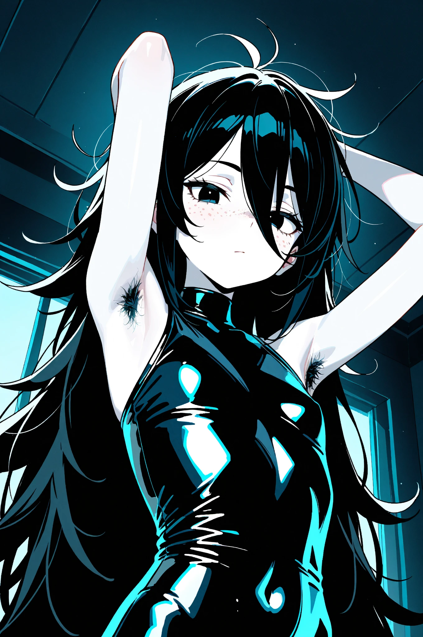 best quality, amazing quality, very aesthetic, absurdres, (1girl, aris, blue archive, solo, blue eyes), (realistic face:0.9),(impossible clothes:1.8), ( blush, thigh:1.3), (cowboy shot), (glowing eyes), (half closed eyes:0.9), (ass), (official art:1.3), (pool), expressive eyes, perfect face, extremely detailed eyes, perfect anatomy, smooth skin, (black background:1.5), clear eyes, beautiful face, small breasts, (anime style:1.7), (Warm Light:1.5), (highres:2), (Chiaroscuro)