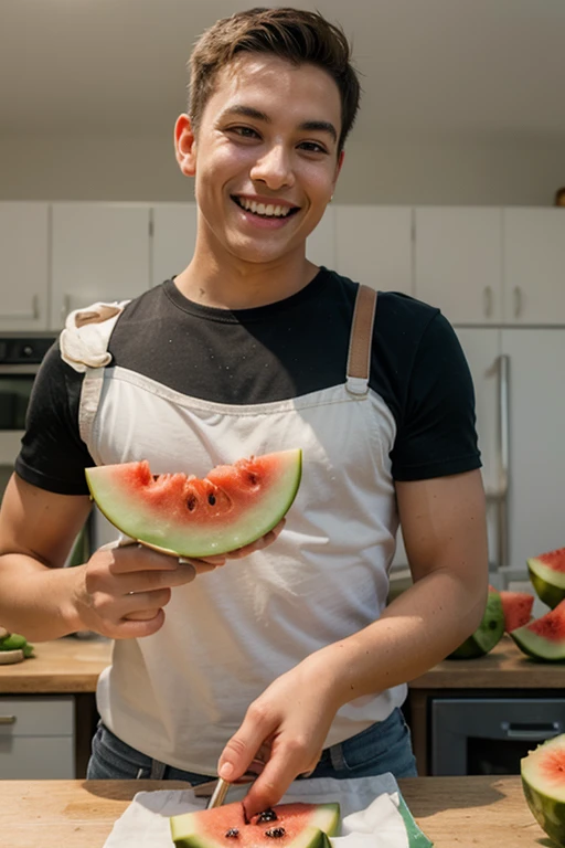 Young handsome cute face beautiful white skinny shirtless man eating sliced watermelon holding in hand