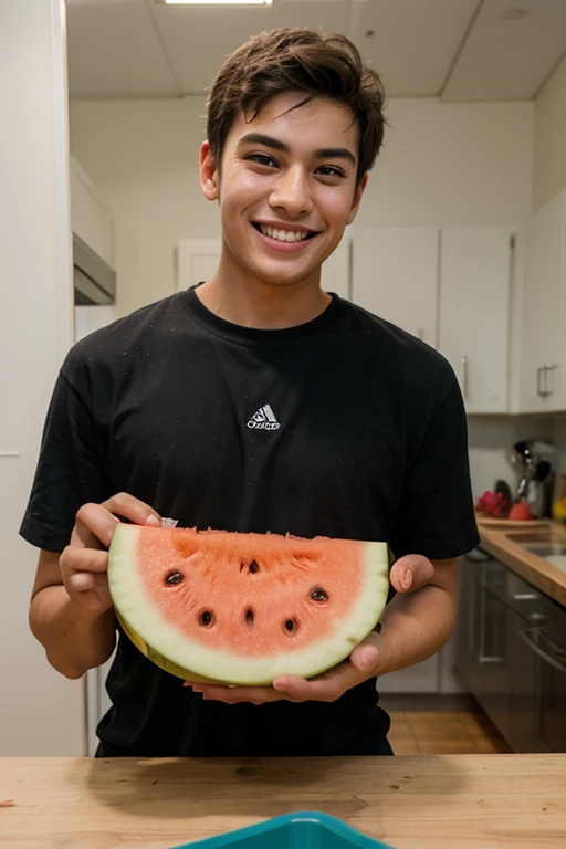  Young cute handsome face beautiful white skinny soft skin without shirt naked hat eating watermelon slice cute butt ass of man standing in a pool