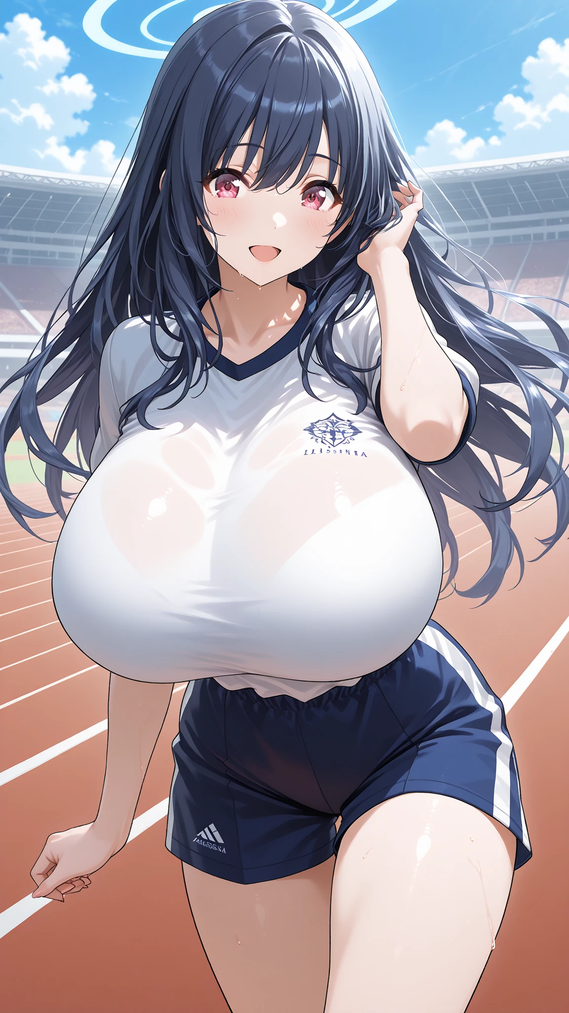 ((Masterpiece)), perfect anatomy, perfect shading, field of depth, (best quality), extremely delicate and beautiful, perfect lighting, detailed face, ultra cute face, cute, (cowboy shot 1.2), full body, (((1girl))), (((solo))), cheerleader
long hair, fluffy hair, brown hair, green eyes, ((blush))), embarrassed, (cheerleader uniform), (blue and white crop 1.2), (short section skirt 1.2), thigh highs, chocker, extremely tight clothes, large breasts, cleavage, perky breasts, (((wide hips))), ((thick thighs)), ((big butt)), ((plump)), chubby belly, fat rolls, belly hang, she has a jiggly belly,
football field, intricate background, detailed background, sweaty, out of breath