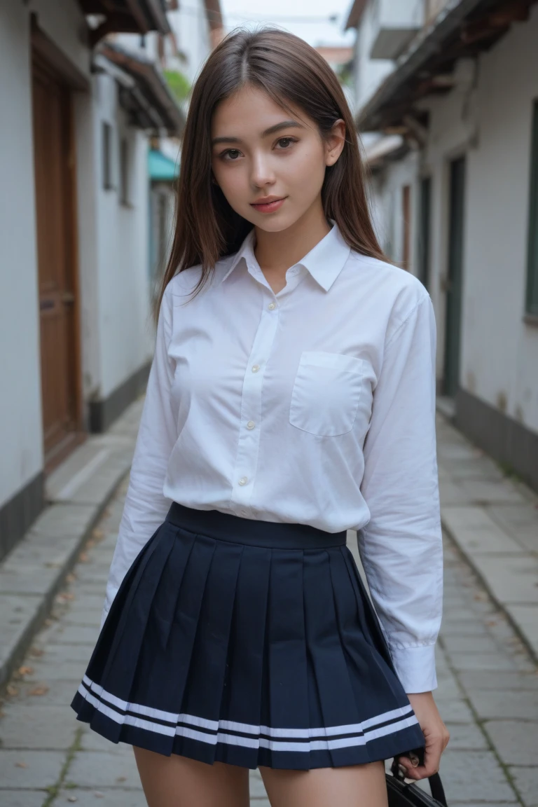 ((highest quality, 8K, masterpiece :1.3)), Photorealistic、Ultra-high resolution、Natural skin texture、Hyperrealism、Photograph from the knee up、12 year old beautiful Japanese girl、White collared shirt and tie、Checkered mini skirt、Serious expression、Shy expression