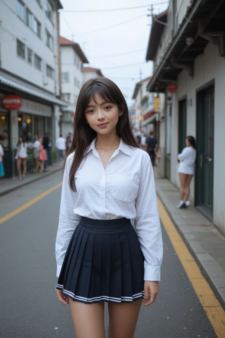 (Extremely detailed Cg Unity 8K wallpaper), (Masterpiece), (Best quality), (Ultra-detailed), (Best Illustration), (Best shadow), (Photorealistic:1.6), Real human skin, Lens flare, Shade, back lit lighting, full bloom, Depth of field, Natural lighting, hardfocus, filmgrain, Look at the viewer, Asian, Kpop idol:1.2, mix4, 1 girl, 21 I, Solo, Skinny, Pale skin, Soft lips, (light eyebrows:1.4),Shiny brown eyes, Black straight hair, Large of breast, Beautiful detailed sky, street(crowd:1.2), Night, (nose blush), Beautiful detailed eyes, White Japanese school uniform, Sailor suit, Black pleated skirt, Stockings, Sneakers, cheerfulness, Smile
