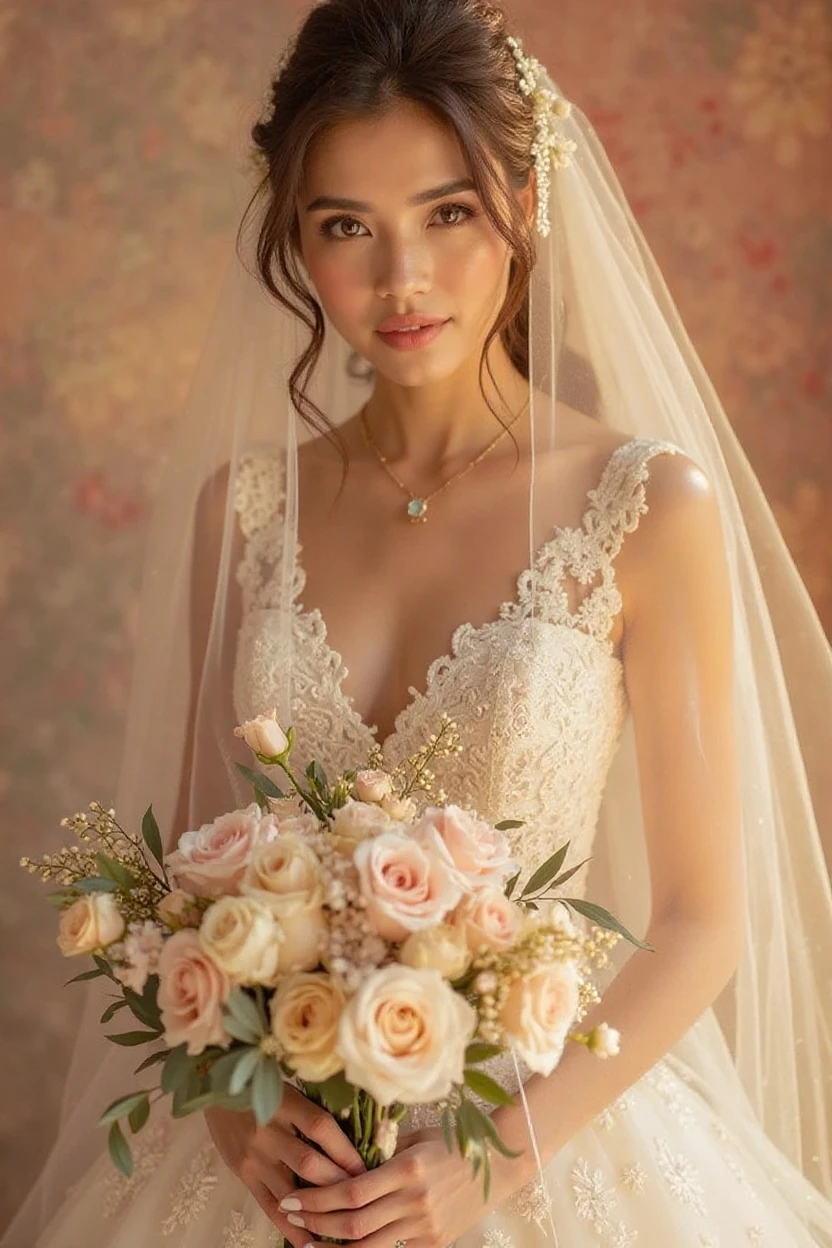 masterpiece, (photorealistic:1.4), best quality, beautiful lighting, rose garden, outdoors, upper body, 1 girl, natural beautiful female, slender woman, ((small breasts)). bride of flower, blushing face, smiling, ((chignon blonde hair)), blue eyes, detailed, intricate, RAW photo, 8k uhd, film grain,
(((extremely detailed flower wedding dress, flower wedding veil))),
extremely detailed gorgeous flower tiara, gorgeous flower necklace