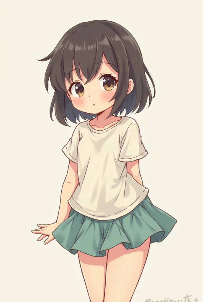 12 years old girl, wearing skirt, tuck up her skirt and show off her hip