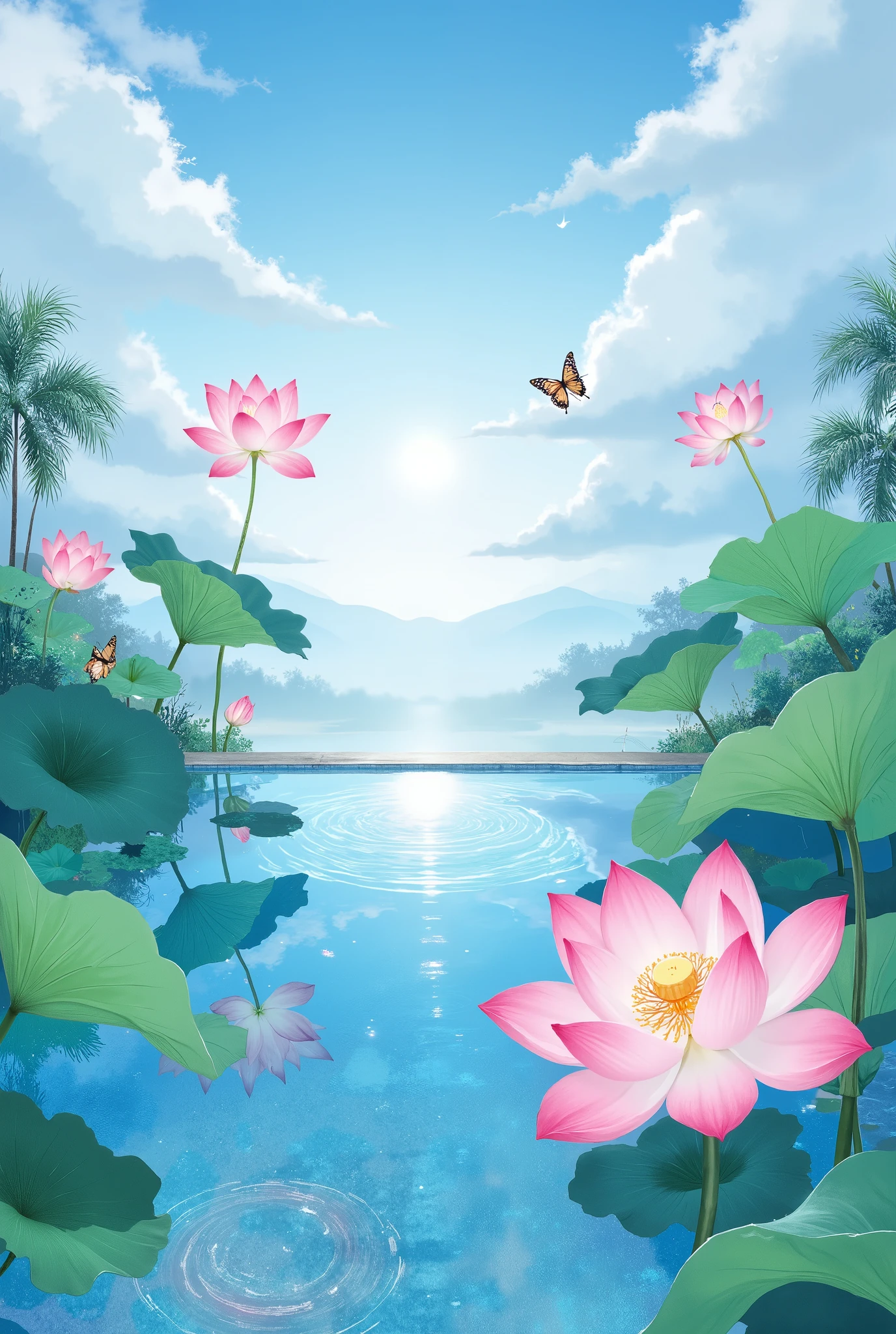 lotusมีbutterfliesเกาะอยู่, lotus, butterflies, ล่องลอยอยู่ใกล้lotus, Lotus leaves, Swimming pool, Lake view , blue sky, , the sun shines down, natural scenery, of bright colors, oil painting, Impressive Picture, high-resolution studio photos, Premium Quality, Magnificent Images