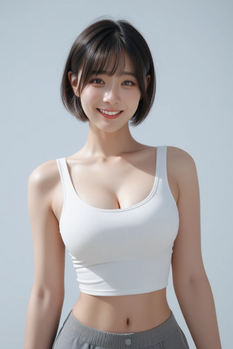 masterpiece、best quality、Ultra-high resolution、(Photorealism:1.4)、((1 Girl、fair skin:1.4、Looking at the audience、20 years old、Spotless、a delicate face、Shiny face、skin shiny、shiny skin、Black、beaver_cut、Short hair with bangs、Large Breasts))、(Chest、Chest有汗水、Showing off muscles、Punk white t-shirt、tight t-shirt、Not worn、Not worn、Punk Girl)、(a smile、happiness、joy、Lively、Shut up)、(Hold your breasts between your arms and pull them closer)、Highly detailed eyes、Long Neck、(((Short hair with bangs)))、eyelash、big eyes、((very beautiful、very beautiful))、(((Natural sunlight、Stretch out your ears、Staring at the audience、attract the audience、Breast bursting、Bright spots in the eyes)))