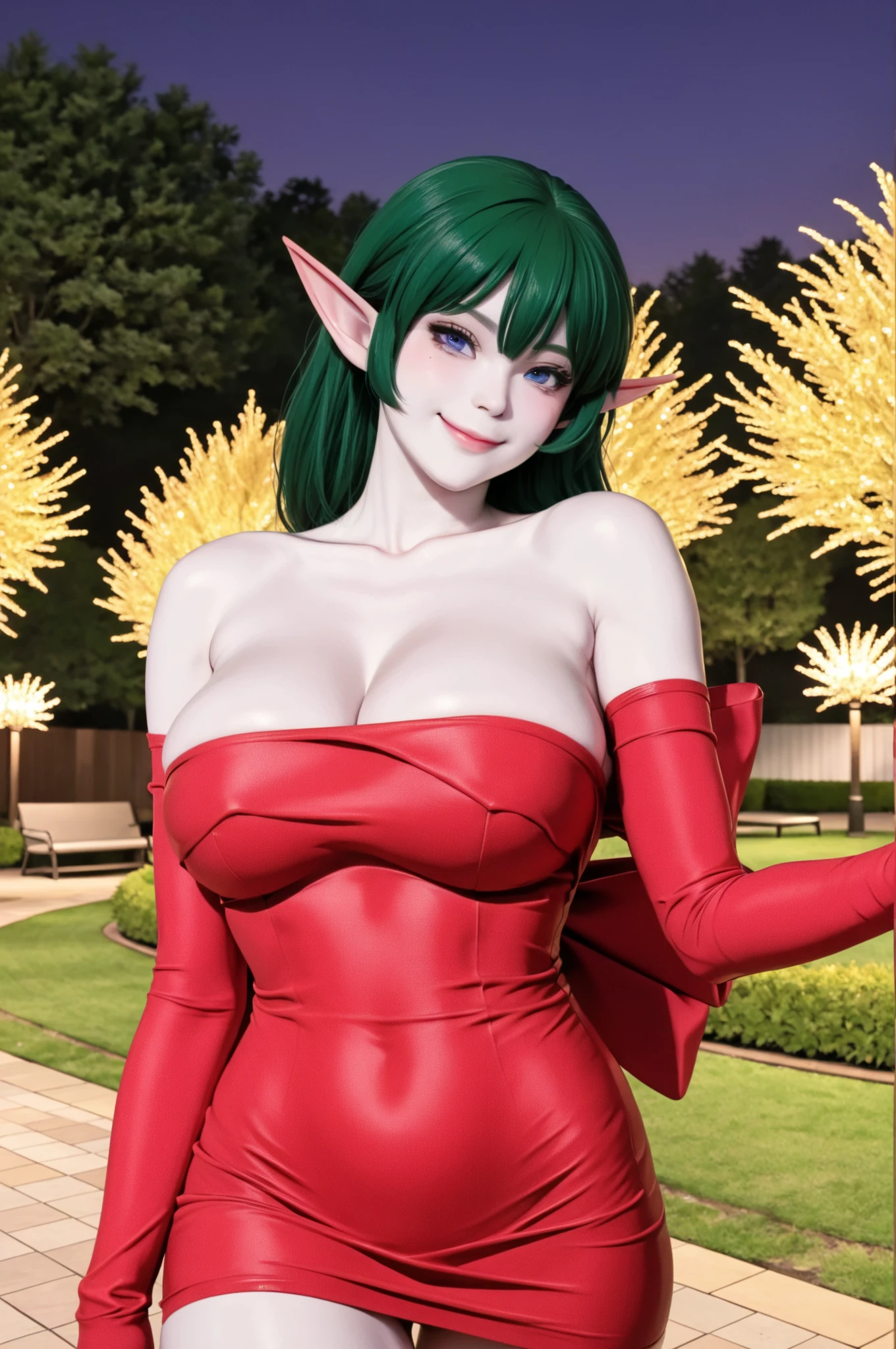 ((masterpiece,best quality,ultra-delicate,Perfect Face,16k,high resolution,very beautiful girl)),medium short green hair,,Red strapless bodycon tube dress with huge red bow ,Red long arm sleeves,red high heels,Elf Girl,huge Breasts,blue eyes,Beautiful smile,20 years old