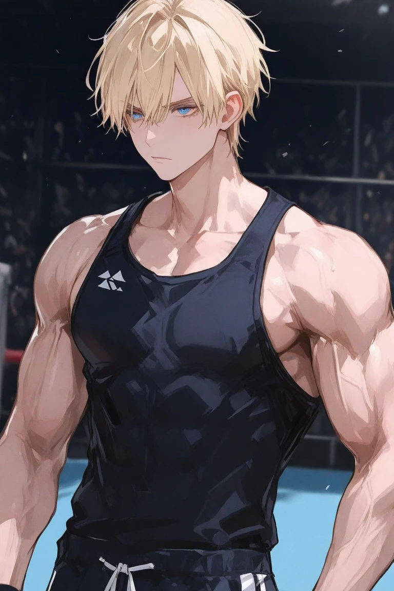 masterpiece, best quality, high resolution, UHD, 8k, ((cowboy shot)), BREAK, 1 boy , ((boy style anime)), Glossy skin, rounded eyes, realistic eyes, Beauty of perfect body, shadow realistic,  BREAK, muscular boy, short blonde hair, green eyes, military haircut, wearing a sportswears showing his biceps in a stadium.