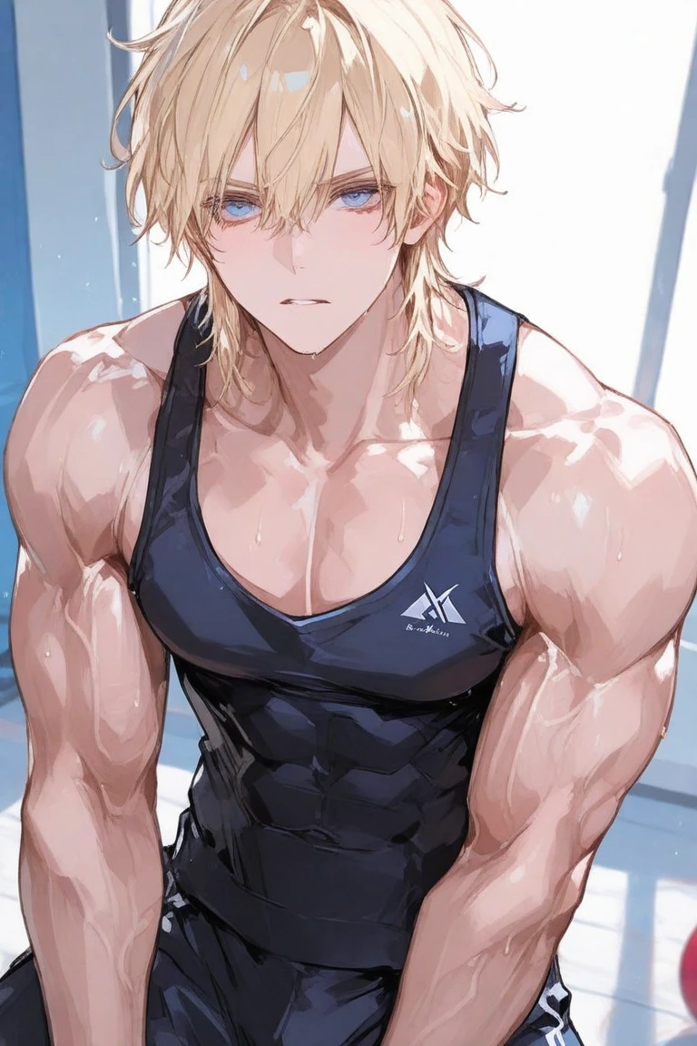 Anime boy in black leotard sitting on floor, Anime boy in white tights sitting on the floor, Anime boy with blonde tied hair sitting on the floor, Strongest Pose, elegant floating pose, wearing leotard, dramatic floating pose, anime pose, Beautiful Boys, Muscular men, relaxed poses, Cool pose, Leotard, Thin shoulder straps, strong pose, doing an elegant pose, pretty face with arms and legs, fully body pose, neutral pose, Poses variadas