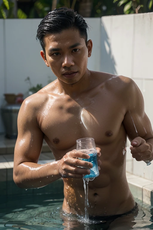 Light blue soda, floating ice, bubbles, Huge lemon slices！ a man lying on the slice, wearing handsome, chest hair, muscles. Muscles, chest hair, beard, white swimming trunks, man lying on a huge slice of lemon, floating on the surface of the water. Ice cubes floated on the pale blue surface of the water. The picture shows a comfortable and comfortable feeling!water, fruit, ice, lemon, lemon slice,lying inside a half-cut lemon that is floating on water. The lemon's interior is exposed, revealing its white pith and seeds, while the outer rind maintains the lemon's typical yellow color. The water has a blue hue, suggesting it might be a pool or a body of water meant for leisure activities. The overall composition of the image gives a playful and whimsical impression, combining elements。Long-distance shooting ((Realistically))kilograms! Popular clips! High-detail 8k ((realistically)), best quality, bright lighting, photo realism, ！Short hair!！,Germany Male ！,