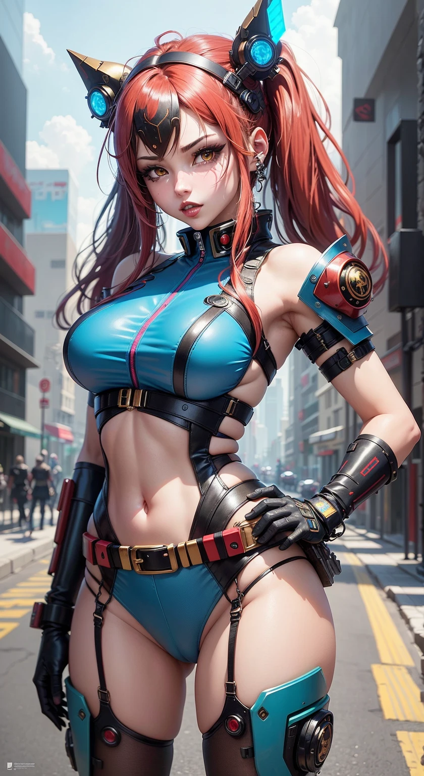 ((Masterpiece, highest quality; 1.3)), super quality, beautiful detail, super detailed, extra fine, 16K, exquisite, absurd, high resolution, beautiful background, detailed background, beautiful eyes, beautiful skin, anime style, Kay from Dirty Pair in a white outfit, tight outfit, cleavage, bushy redhead beauty, very light blue uniform, wearing tight clothes, skimpy, (mid chest: 1.2), cleavage, cleavage, , slim waist, slim thighs, thigh gap, showing stomach, slender waist, slender thighs, skinny, thin hips, cyberpunk city background, retro space gun holding, headband, 