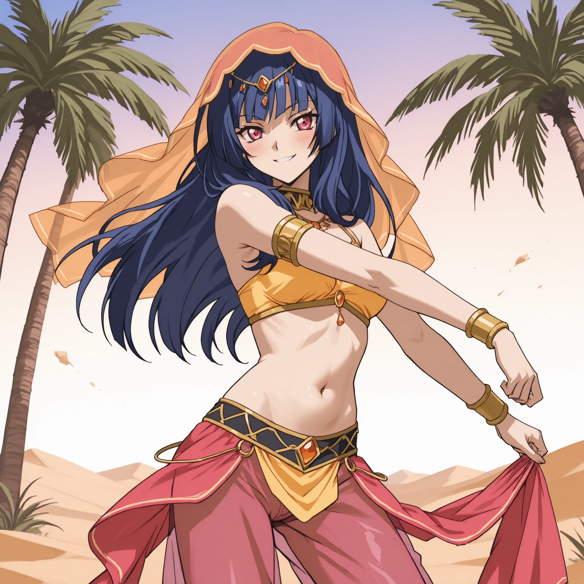 1girl:1 . 5) , (Seul:1 . 5) , score_9 , score_8_haut , score_7_haut , source_anime , Official work , ultra-detailed , masterpiece , best quality plaid shorts , high res , beaux yeux , detailed eyes , Detailed Face , beautiful detailed eyes ,Cardfight Vanguard, Asaka Narumi , Arabian Clothes , Arabian Dancer ,belly dancer costume , veil , golden jewelery,harem outfit, harem skirt, harem pants, Transparent pants, belly dancing, harem veil , desert landscapse, palm tree , seductive smile, dancing with veil, dynamic movement, sexy pose