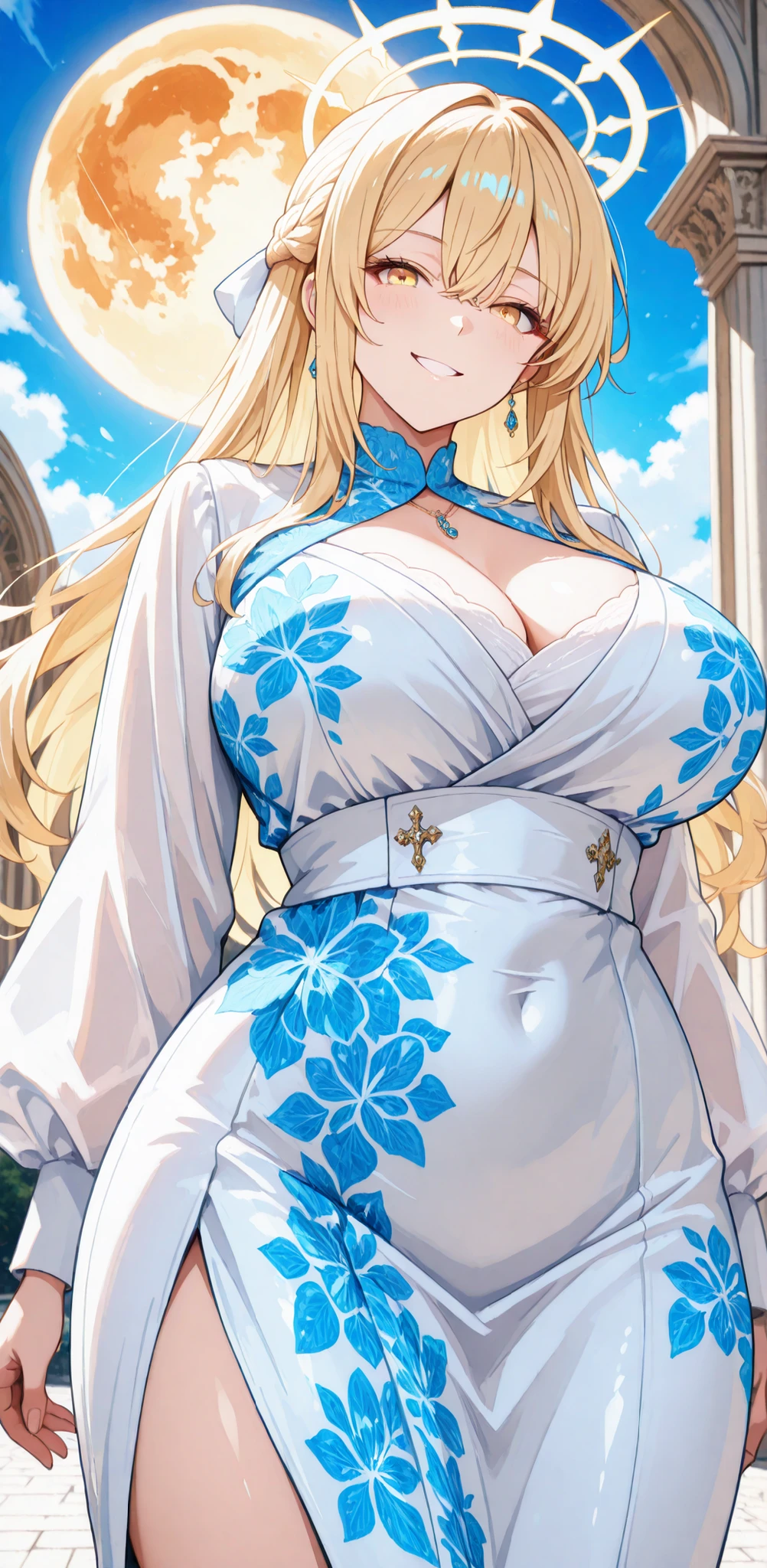 ((Colossal breasts)) Big breasts ((eyes blue with highlights)) Blonde White skin Long hair blush Cheongsam boobs sexy moonlit lake (hand bra)