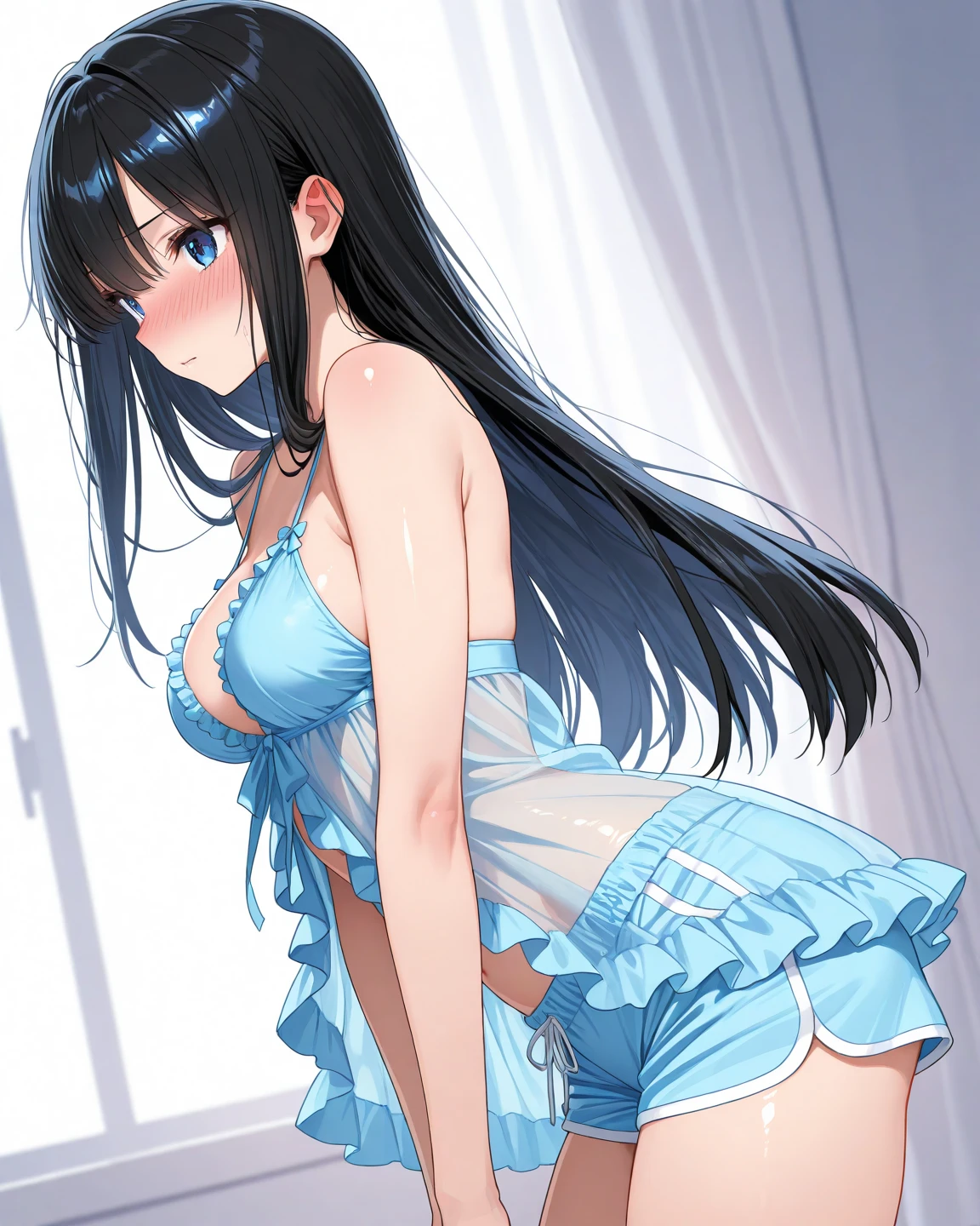 A girl with opens her legs and shows her underwear, seductive anime girl, beautiful anime high school girl, a hyperrealistic ,,Thong transparent underwear,nsfw