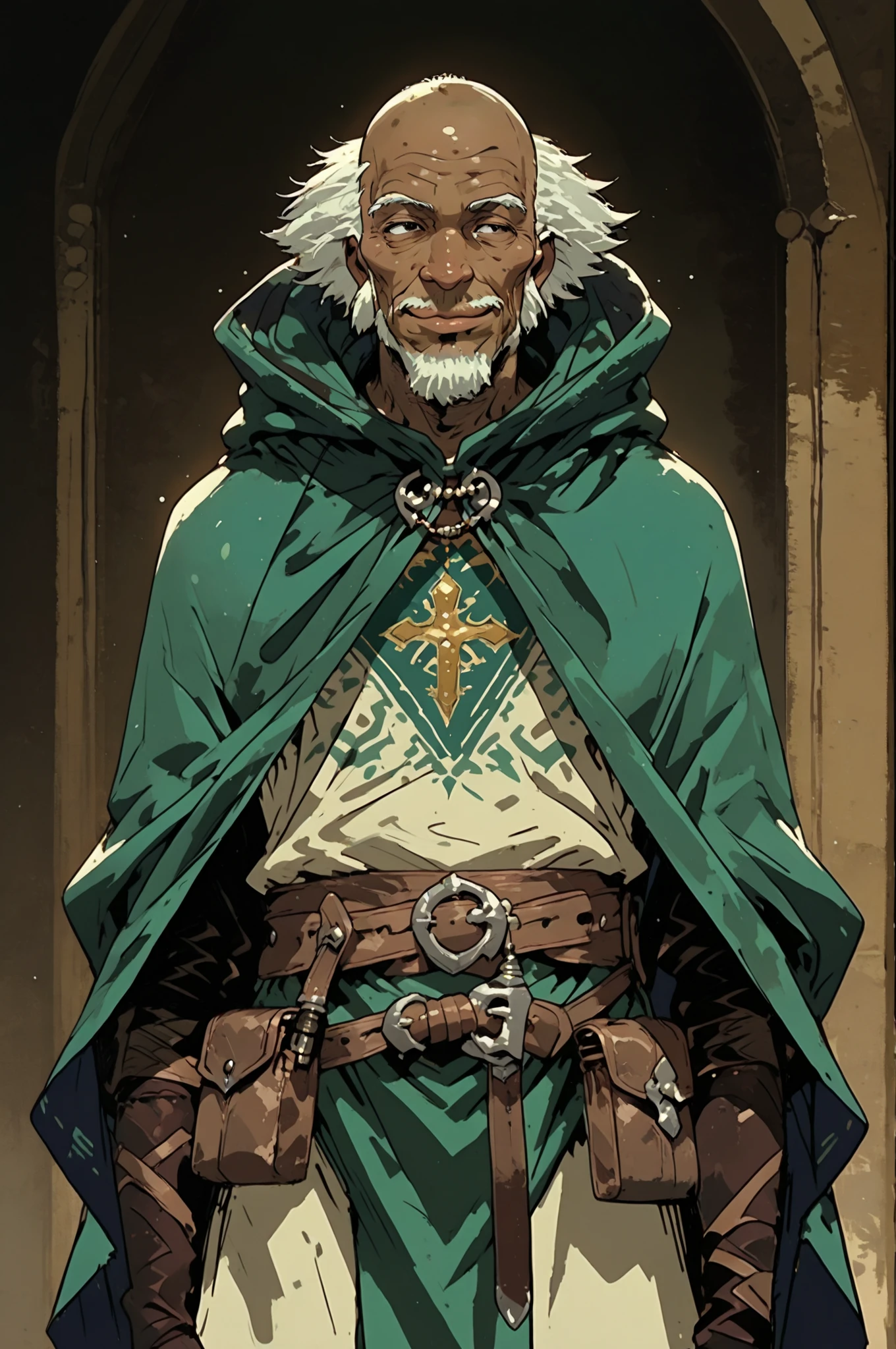 Solo; 1 man, mature man, old man, African skin, wears a hooded cloak that drapes over a rugged tunic, giving off a medieval or fantasy vibe, straps and belts wrap around the waist, securing a pouch at their side. The chest area of the garment is notably worn and frayed, a gentle smile expression, color palette adds depth to the scene, evoking a sense of ancient and mystery