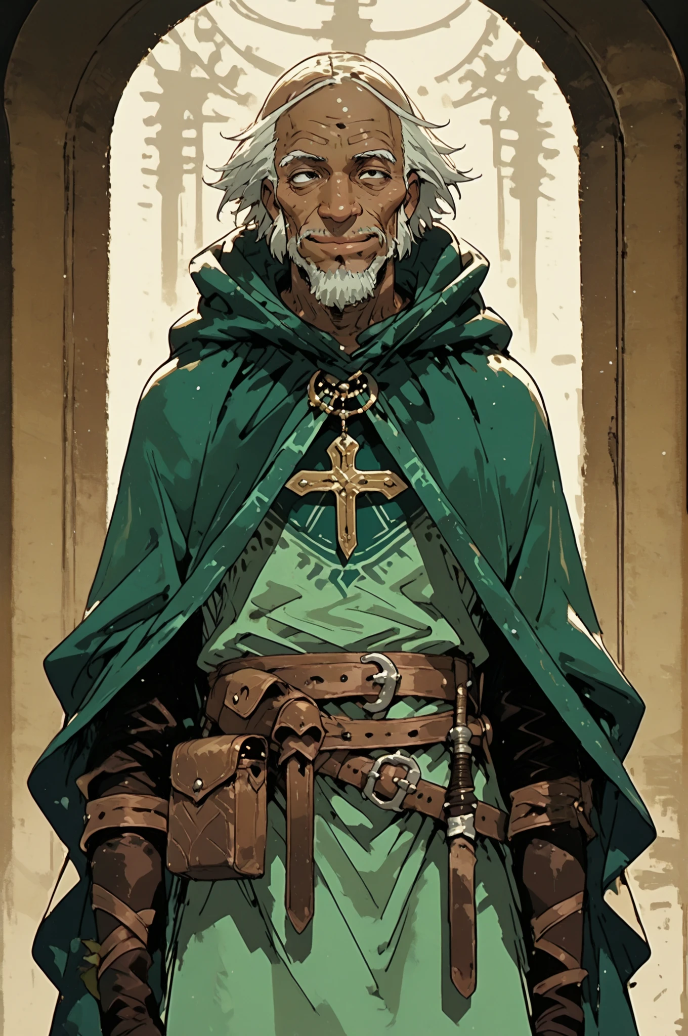 Solo; 1 man, mature man, old man, African skin, wears a hooded cloak that drapes over a rugged tunic, giving off a medieval or fantasy vibe, straps and belts wrap around the waist, securing a pouch at their side. The chest area of the garment is notably worn and frayed, a gentle smile expression, color palette adds depth to the scene, evoking a sense of ancient  and mystery 