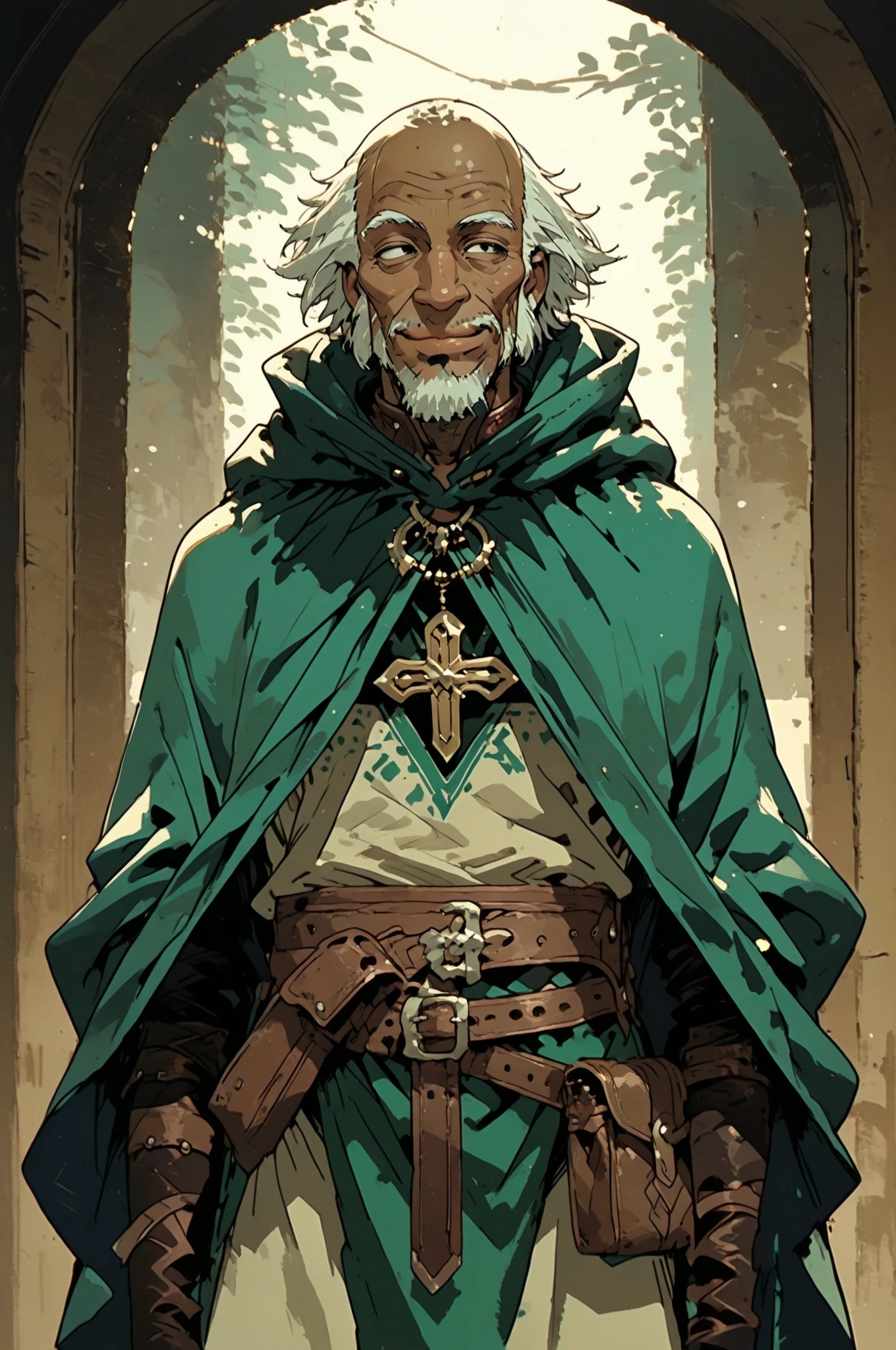 Solo; 1 man, mature man, old man, African skin, wears a hooded cloak that drapes over a rugged tunic, giving off a medieval or fantasy vibe, straps and belts wrap around the waist, securing a pouch at their side. The chest area of the garment is notably worn and frayed, a gentle smile expression, color palette adds depth to the scene, evoking a sense of ancient and mystery