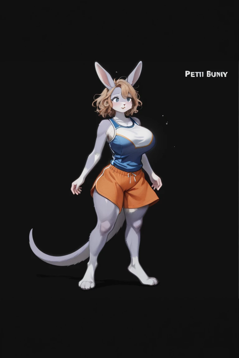 A anthropomorphic female bunny, wearing red one piece swimsuit, thick thighs, sassy attitude, doing a pin up pose, holding a cartoon sign, sign says “BE DUMB, SUGAR”, high quality, crisp,