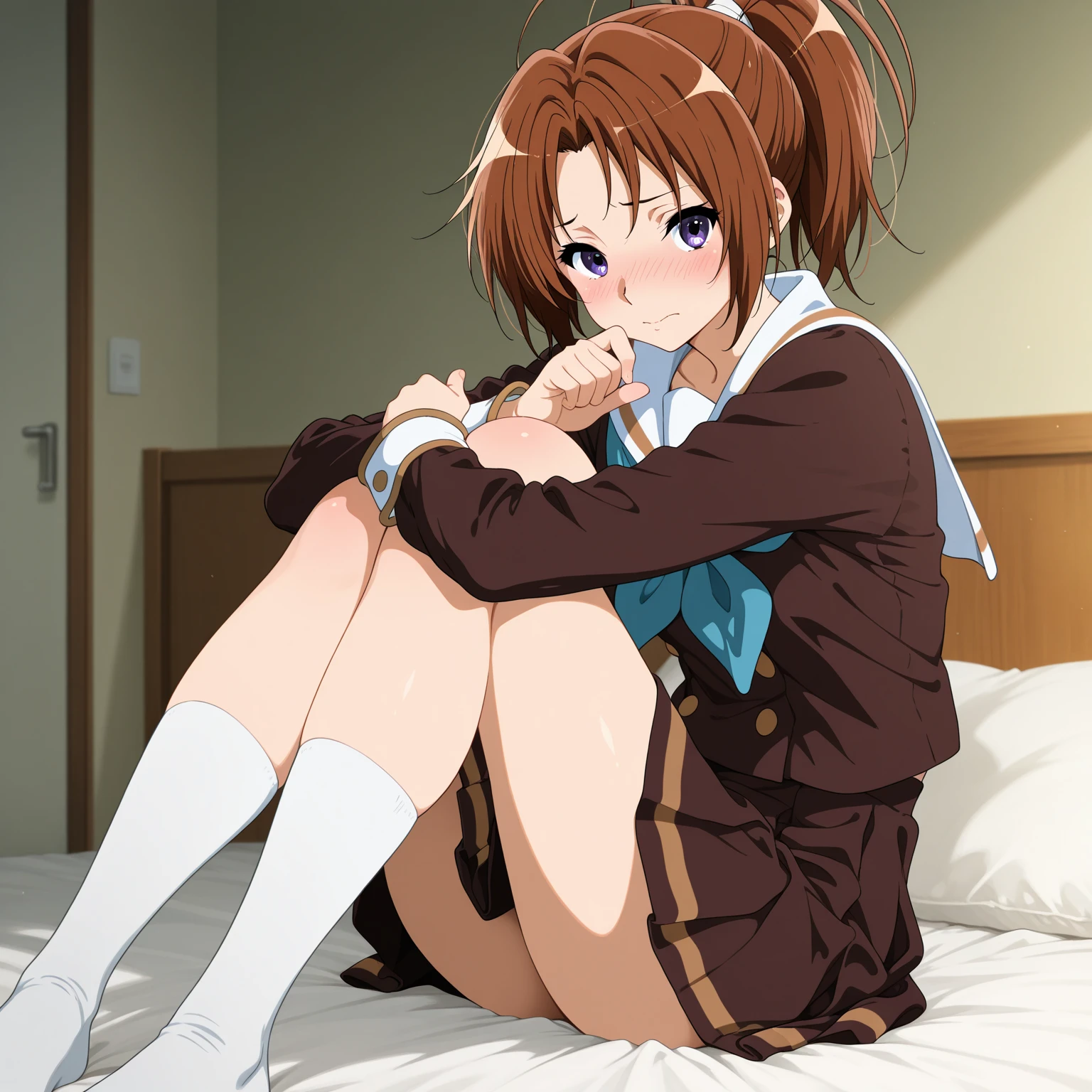 (masterpiece, best quality:1.2),illustration,8k,hd,1girl,solo,upper body,(portrait:1.2),brown_hair,folded_ponytail,brown_eyes,serafuku,long_hair,school_uniform,skirt,pleated_skirt,