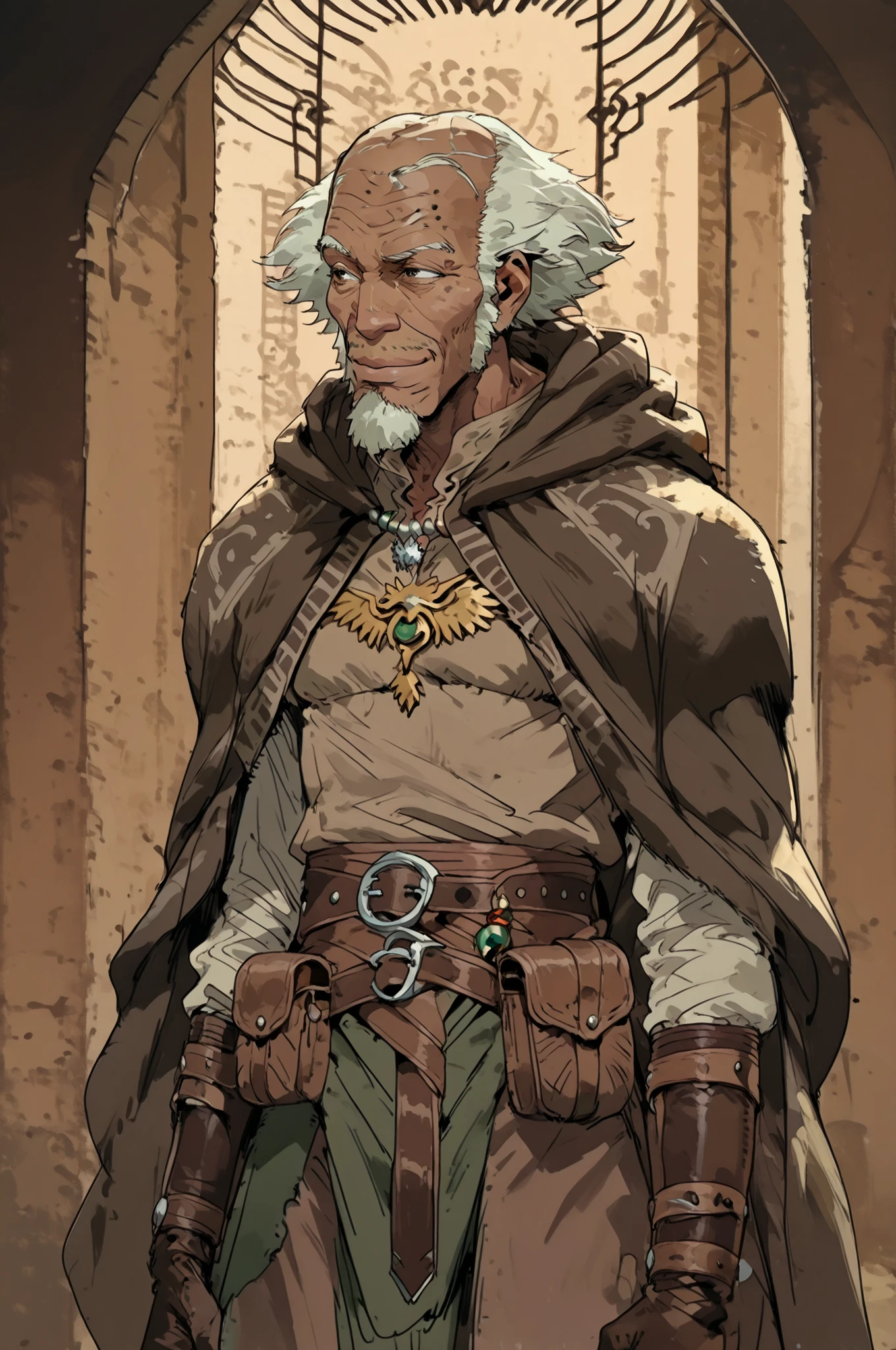 Solo; 1 man, mature man, old man, African skin, wears a hooded cloak that drapes over a rugged tunic, giving off a medieval or fantasy vibe, straps and belts wrap around the waist, securing a pouch at their side. The chest area of the garment is notably worn and frayed, a gentle smile expression, color palette adds depth to the scene, evoking a sense of ancient and mystery
