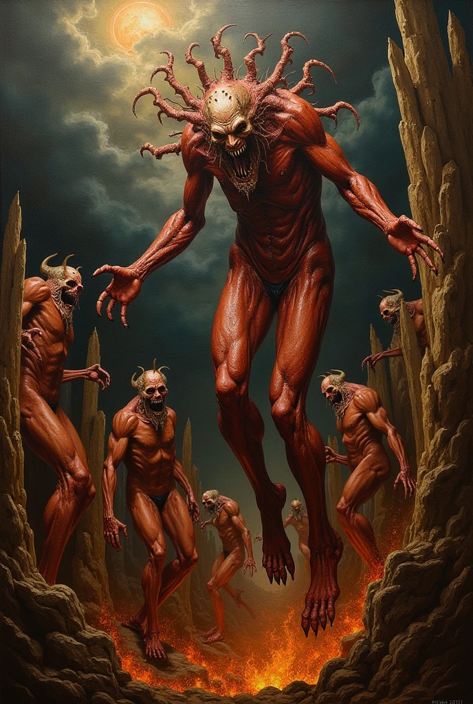 oil painting, painting by leonardo da vinci, Renaissance style, realism, Titled Dante&#39;s Inferno, An imposing hybrid creature, man body, crowbars, face of a hybrid human and snake, Shadows dance in the darkness, Demons worshiping Lucifer, Darkness of the night, Flashes of magic, Lucifer being worshipped, Initiation Ritual, Vast desert, 