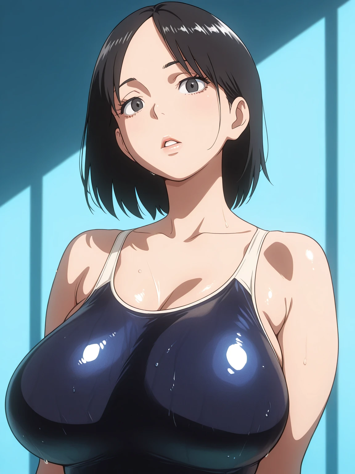 (perfect body),highest quality,16k、Masseter muscle part、((NSFW))、A man grabs my chest、(sex)、(((blush)))、((((embarrassing))))、surprised、wavy mouth、Treefe○lumes、police hat、(blunt bangs)、(short hair)、((b○b cut))、(yellow eyes),((black hair)),(Sweat)、(big ass)、(huge breasts)、swollen nipples、((thick thighs))、sitting、spread your legs、middle、navy blue leotard、navy blue protector、put your hands behind your head、armpit、(locker room)、