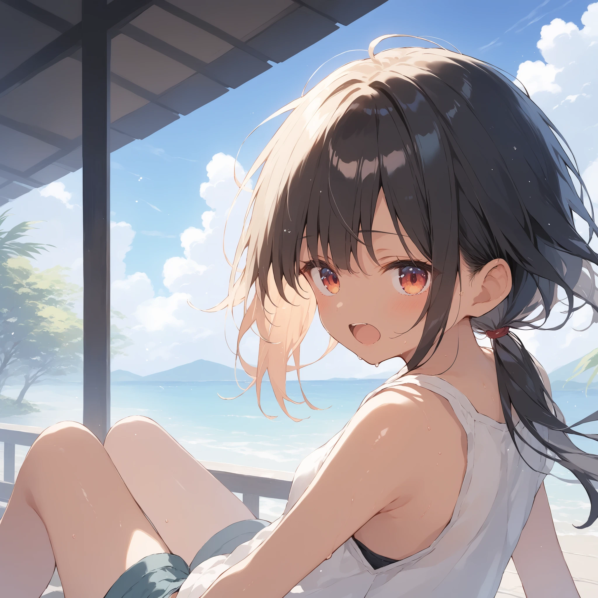 score_9, score_8_up, score_7_up, source_anime, best quality, masterpiece, official art, absurdres, highres, ultra-detailed,waifu2x,Collection: Slice of Life,break,1girl, tomboy, dark-skinned female, short hair, low ponytail, flat chest, beautiful detailed eyes, shorts, sweat, open mouth, (yawn:0.3), sleepily, outdoors, wind, (Detailed Lighting), (Detailed background),break,(clear line illustration:1.2), super detailed skin,very high resolution, very aesthetic, Best sexual lighting powered by famous artist, 8k, 16k, cute picture,beauty illustration,photoshop_(medium),,(Detailed Lighting),best anime 8k konachan wallpaper, pixiv contest winner, ((artist:takeuchi_takashi )),