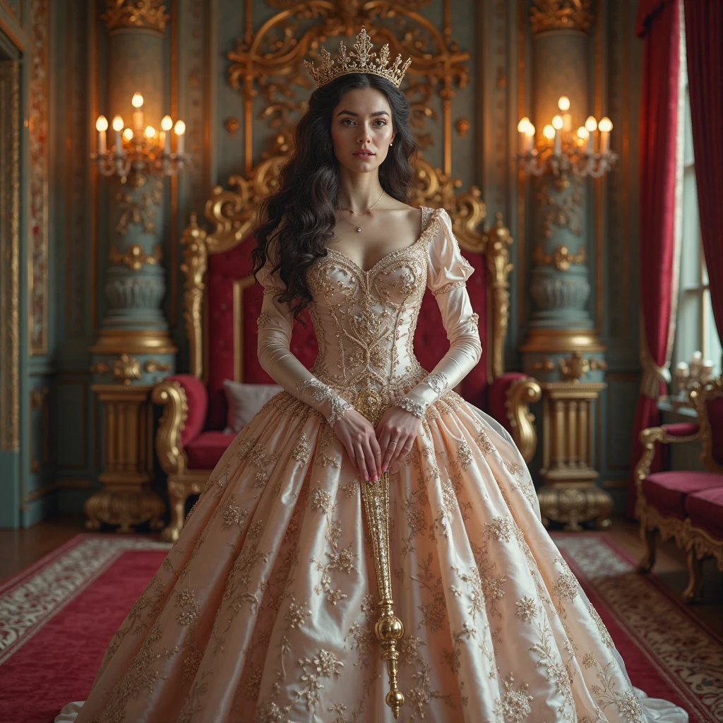 beautiful hispanic woman in a pink and gold dress with no sleeves and tulle skirt with ruffles standing in a room , rococo queen, ((a beautiful fantasy empress)), beautiful female princess, royal elegant pose, royal dress, ornate royal gown, beautiful princess, beautiful and elegant elf queen, royal gown, princess portrait, lovely languid princess, wearing a pink ballroom gown, fantasy dress