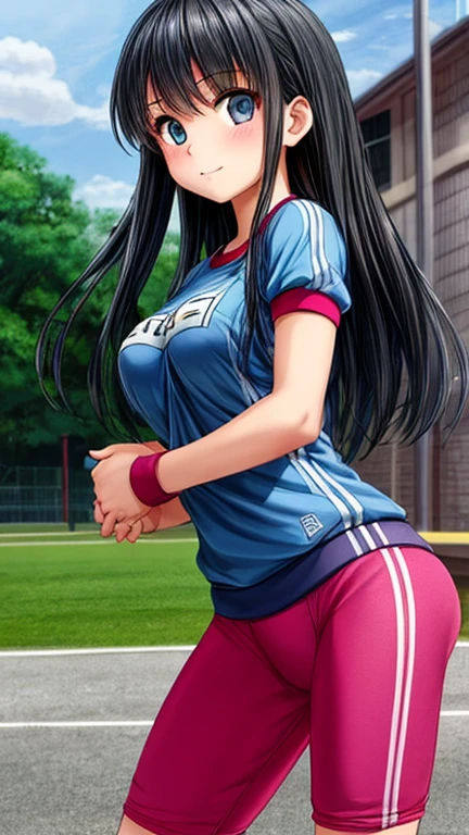 A beautiful-legged girl is standing in a white gym uniform and bright navy blue bloomers that look like panties.。