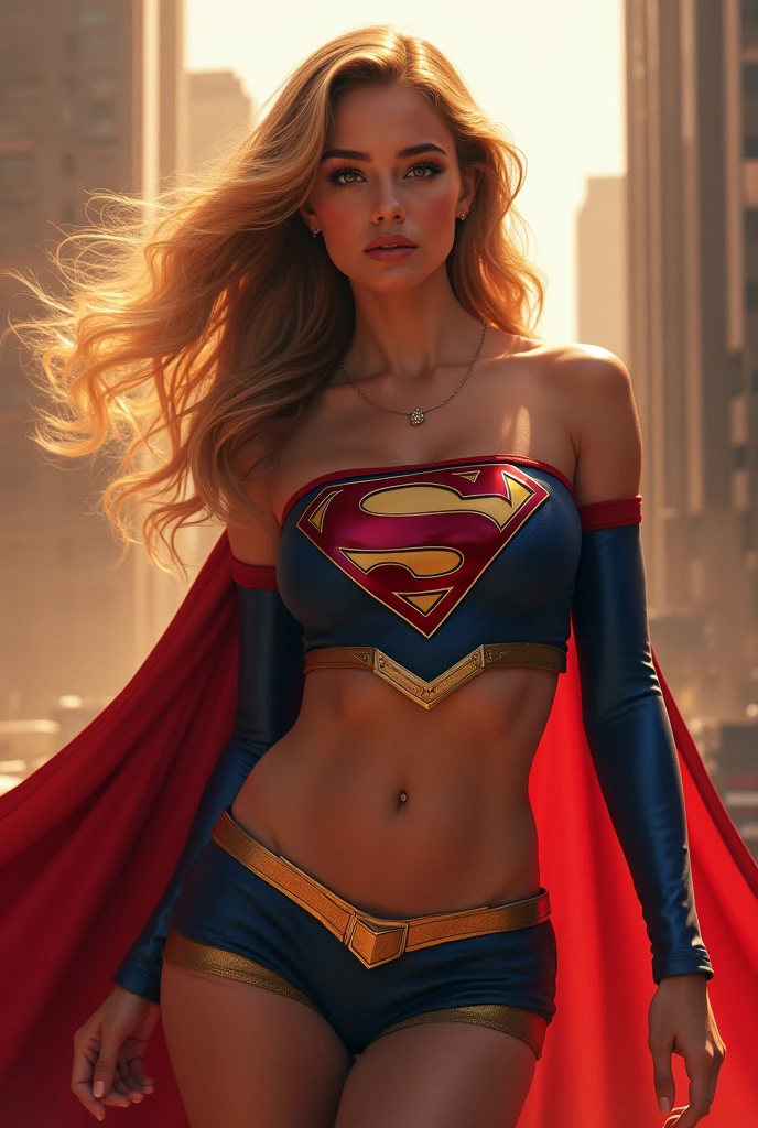 A HOT AND SEXY MUSCULAR SUPERGIRL COMPLETE WITH A EROTIC BLUE SUPERMAN CORSET COSTUME AND CAPE WITH A LARGE SUPERMAN EMBLEM. SO SEXY SUPERGIRL