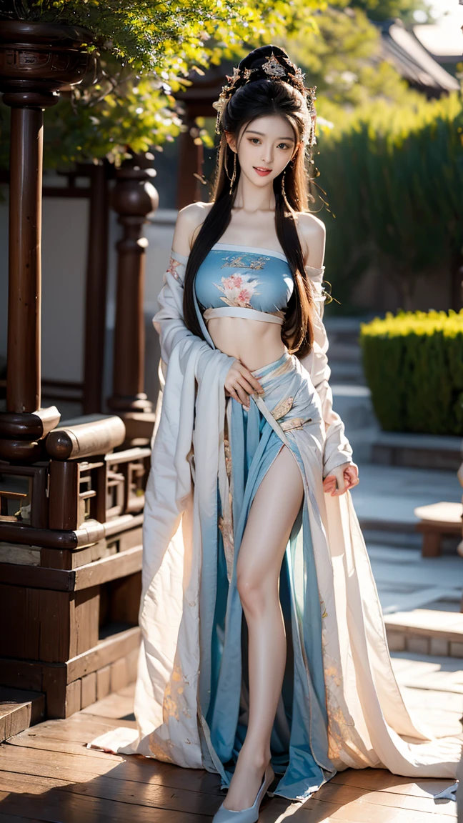 Under the bright spring sun，A goddess in ancient costume dressed in gorgeous Hanfu，Standing quietly in the sea of flowers in the mountains and rivers。Her face is beautiful，Like an orchid in the valley，Immortal overflowing。Dressed in a lilac silk dress，With a gentle swing，It gives a dreamlike feeling。

Her hair was coiled，Decorate with golden and emerald hairpins，Elegant and dignified。The tassels on the forehead shine in the sun，It further highlights her noble temperament。Her eyes were like a clear lake，It's a year to be。

The surrounding sea of flowers is like a huge picture，Flourishing peonies、Delicate lilies、Fragrant jasmine intertwined，A colorful ocean is formed。Floral fragrance pervades，Intoxicating。The goddess stands quietly in the sea of flowers，As if one with these flowers，It's like a perfect landscape painting。

Sunlight shone on her face through the gaps in the leaves，It was like putting a soft glow on her。A fresh breeze blew through，Her long dress fluttered in the wind，Like a fairy under mortals。Butterflies dance among the flowers，It seems to be offering her a beautiful dance。

The whole scene is breathtakingly beautiful，It's like a wonderland on earth。The goddess of Hanfu costume stands in the sea of flowers in the mountains and rivers，It gives the feeling of traveling through time and space，Let people immerse themselves in this beautiful picture。Full body photo，standing on your feet，jade foot，high-heels，