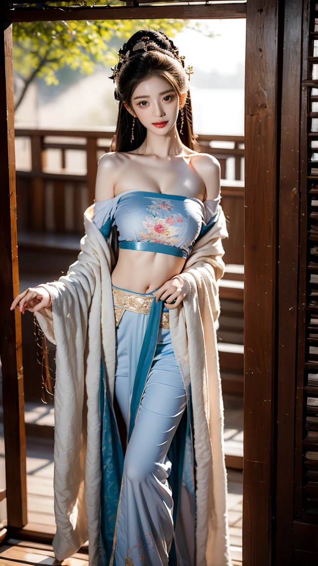 ((Best quality)), ((masterpiece)), (detailed:1.4), 3D, an image of a beautiful fantasy character ,HDR (High Dynamic Range),Ray Tracing,NVIDIA RTX,Super-Resolution,Unreal 5,Subsurface scattering,PBR Texturing,Post-processing,Anisotropic Filtering,Depth-of-field,Maximum clarity and sharpness,Multi-layered textures,Albedo and Specular maps,Surface shading,Accurate simulation of light-material interaction,Perfect proportions,Octane Render,Two-tone lighting,Wide aperture,Low ISO,White balance,Rule of thirds,8K RAW, Beautiful woman, short bob hairstyle, purple eyes , blue hair , petite build , small chest , dressed in a fantasy navel outfit , white blue and tallow clothing , white pants