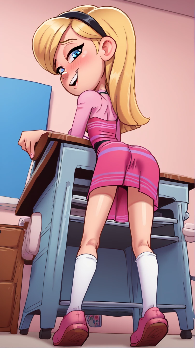 1girl, sexy horny 11yearold blonde slut is wearing slutty shorts and a crop_top and is picking up a penny off the ground while you secretly take photos of her from behind with your phone. huge ass, flat breasts, looking at viewer, thong,