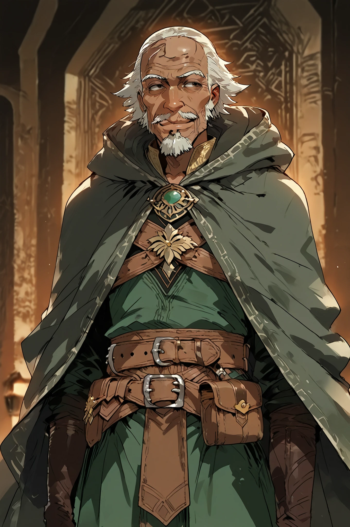 Solo; 1 man, mature man, old man, African skin, wears a hooded cloak that drapes over a rugged tunic, giving off a medieval or fantasy vibe, straps and belts wrap around the waist, securing a pouch at their side. The chest area of the garment is notably worn and frayed, a gentle smile expression, color palette adds depth to the scene, evoking a sense of ancient and mystery