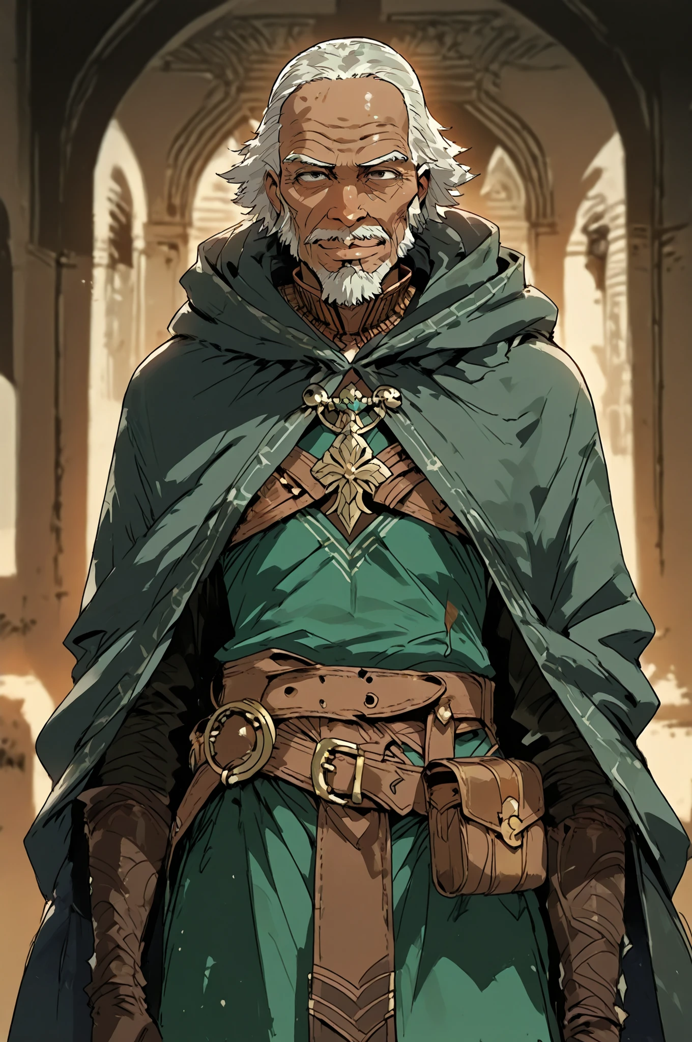 Solo; 1 man, mature man, old man, African skin, wears a hooded cloak that drapes over a rugged tunic, giving off a medieval or fantasy vibe, straps and belts wrap around the waist, securing a pouch at their side. The chest area of the garment is notably worn and frayed, a gentle smile expression, color palette adds depth to the scene, evoking a sense of ancient and mystery