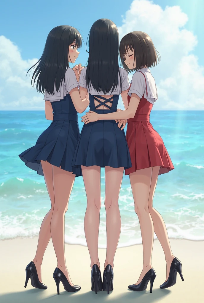 masterpiece、highest quality、High resolution、Very detailed、3 girls、high school girl、、Sandy Beach、With friends、Holding hands and jumping、Sunset、smile、evening、sunset、Angle from below、youth、