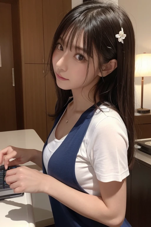 (Best-quality, Masterpiece, Ultra-High-Resolution, (Photorealistic:1.4), Raw Photo, depth of field, professional lighting, perfect anatomy, extremely details), 1girl, 15-years-old, the most famous Japanese idol, ((in office-room, working with computer)), (wearing casual-clothes with cute-design), (extremely cute and extremely realistic face like the most popular Japanese idol, ((extremely cute and extremely big round-realistic-eyes)), extremely realistic hair), (((extremely beautiful and extremely realistic skins):1.3)), innocent smile, detailed office-room, detailed computer