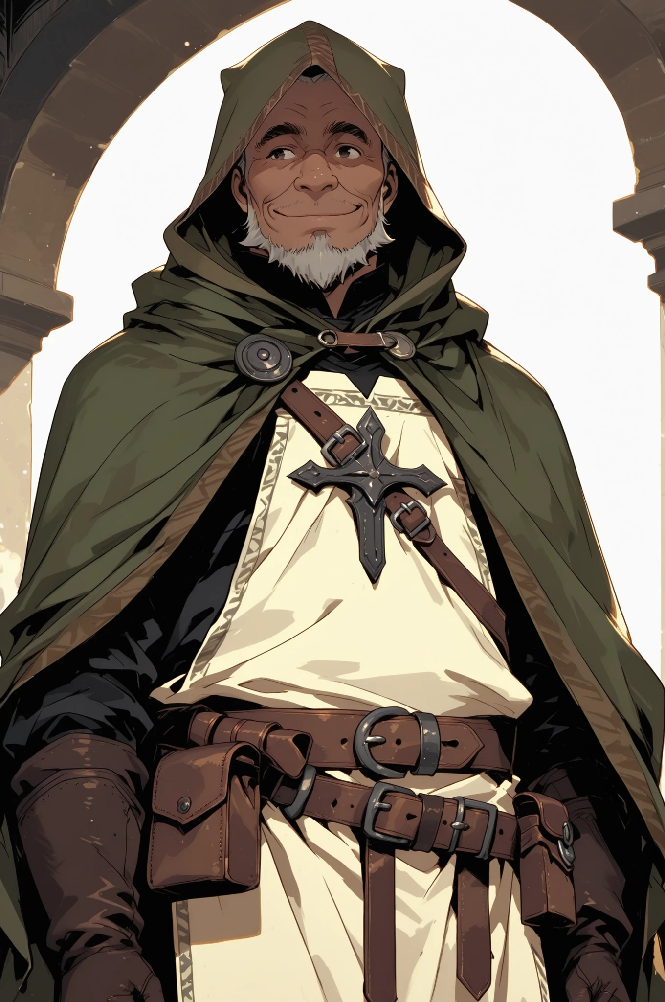 Solo; 1 man, mature man, old man, African skin, wears a hooded cloak that drapes over a rugged tunic, giving off a medieval or fantasy vibe, straps and belts wrap around the waist, securing a pouch at their side. The chest area of the garment is notably worn and frayed, a gentle smile expression, color palette adds depth to the scene, evoking a sense of ancient and mystery