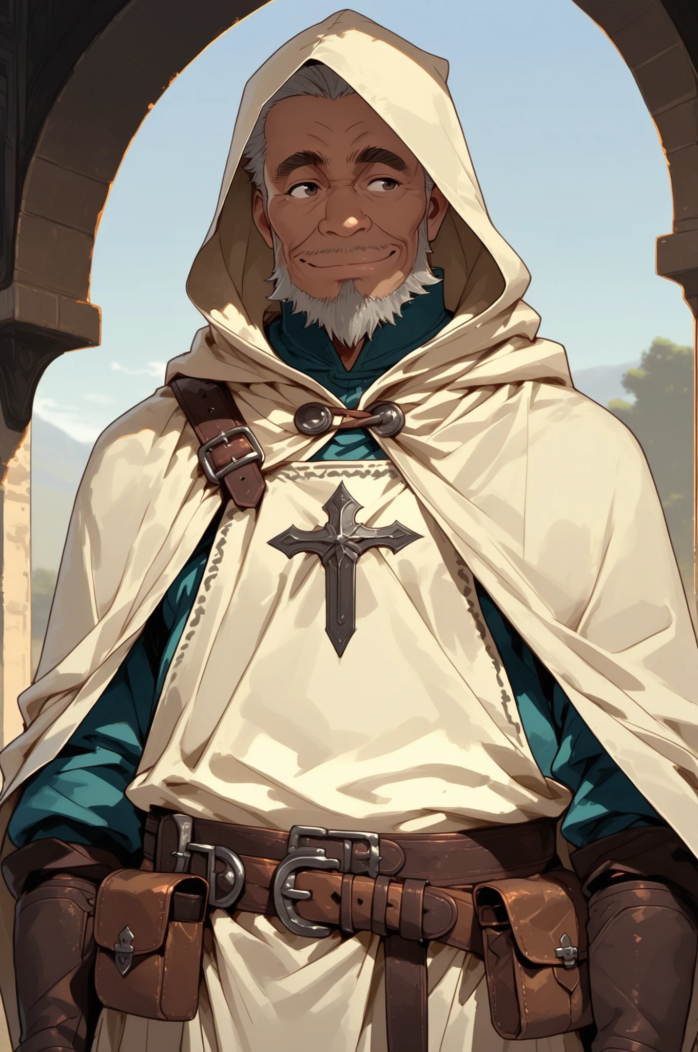 Solo; 1 man, mature man, old man, African skin, wears a hooded cloak that drapes over a rugged tunic, giving off a medieval or fantasy vibe, straps and belts wrap around the waist, securing a pouch at their side. The chest area of the garment is notably worn and frayed, a gentle smile expression, color palette adds depth to the scene, evoking a sense of ancient and mystery