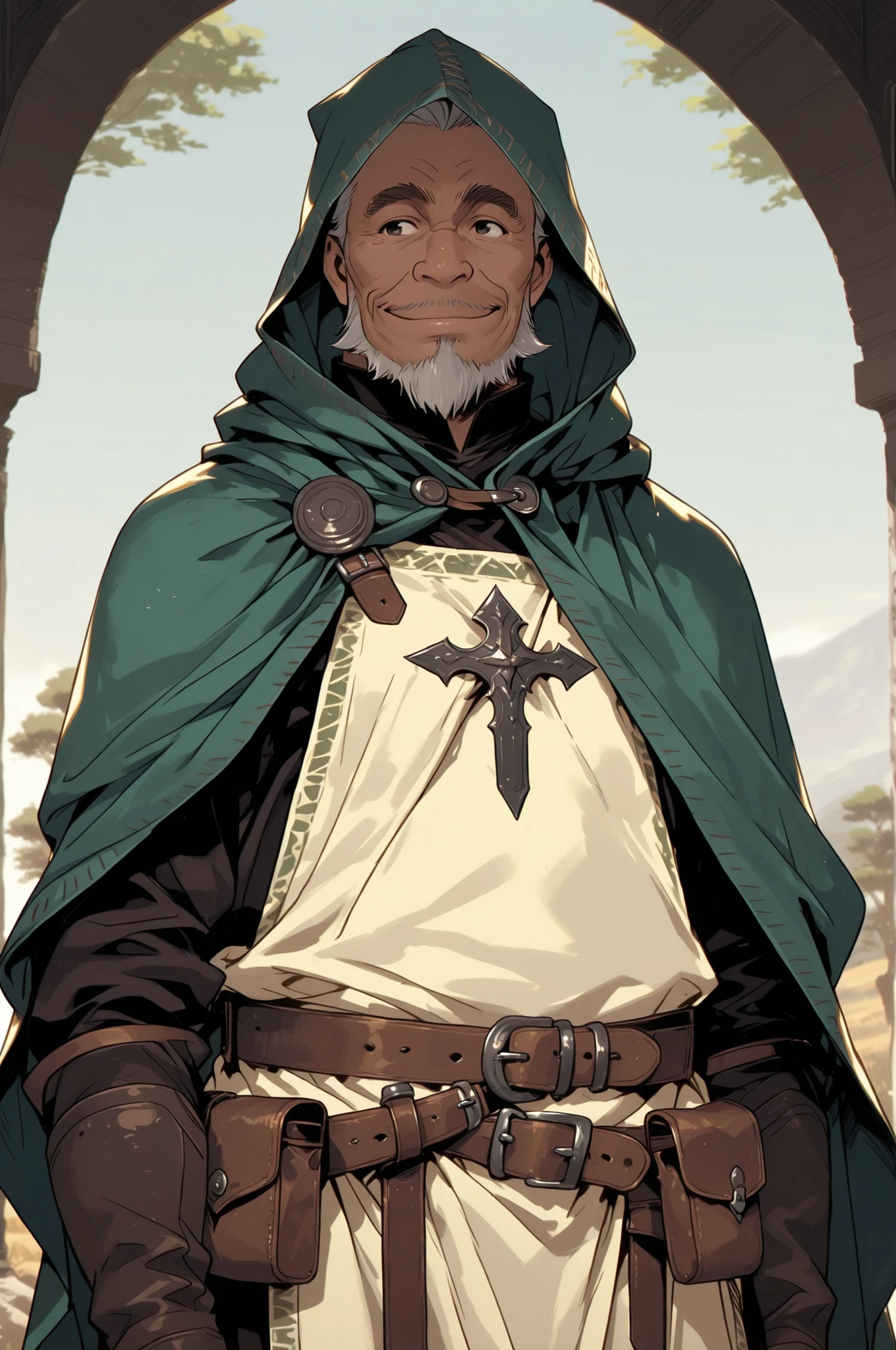 Solo; 1 man, mature man, old man, African skin, wears a hooded cloak that drapes over a rugged tunic, giving off a medieval or fantasy vibe, straps and belts wrap around the waist, securing a pouch at their side. The chest area of the garment is notably worn and frayed, a gentle smile expression, color palette adds depth to the scene, evoking a sense of ancient  and mystery 