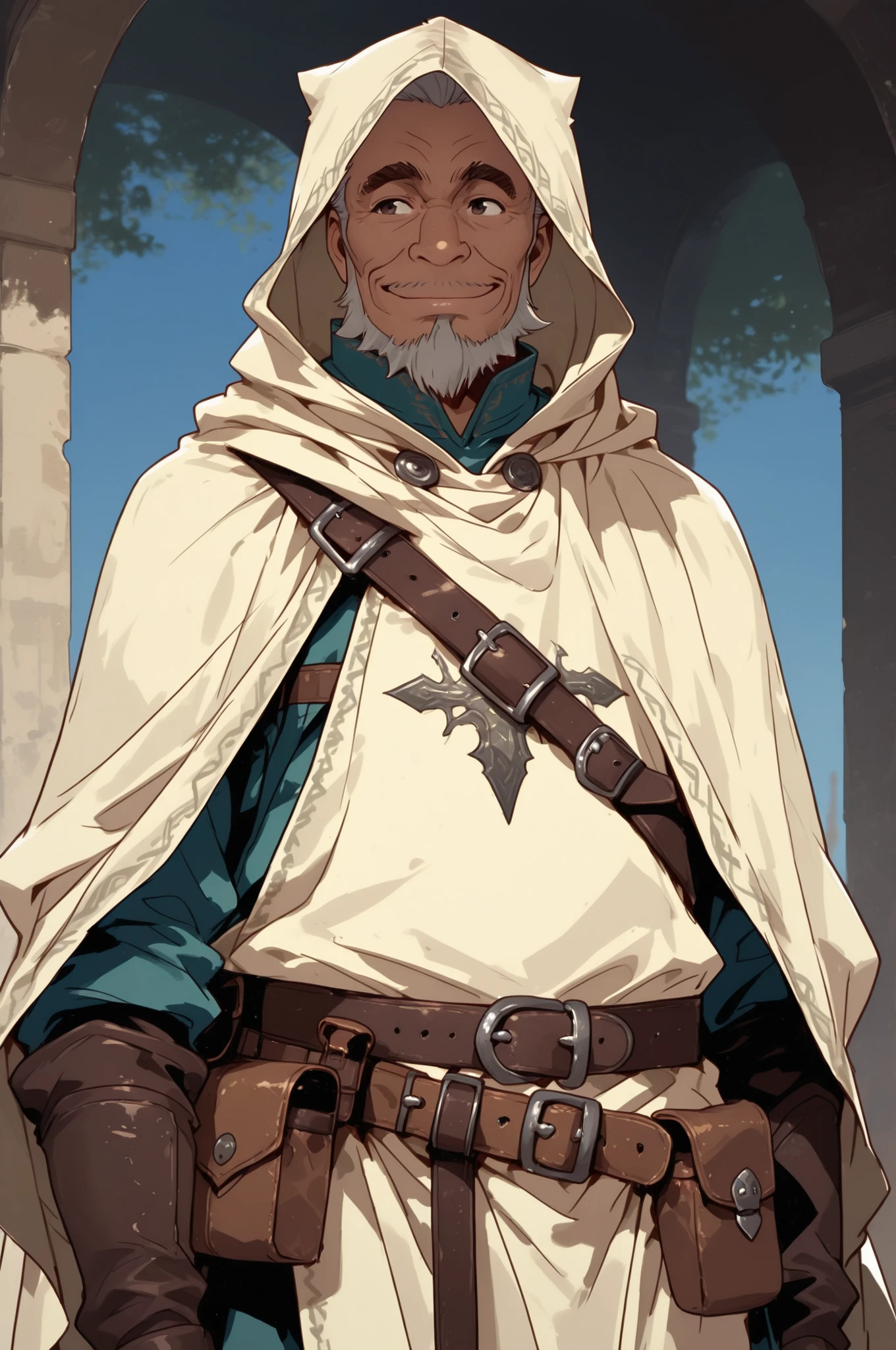 Solo; 1 man, mature man, old man, African skin, wears a hooded cloak that drapes over a rugged tunic, giving off a medieval or fantasy vibe, straps and belts wrap around the waist, securing a pouch at their side. The chest area of the garment is notably worn and frayed, a gentle smile expression, color palette adds depth to the scene, evoking a sense of ancient and mystery