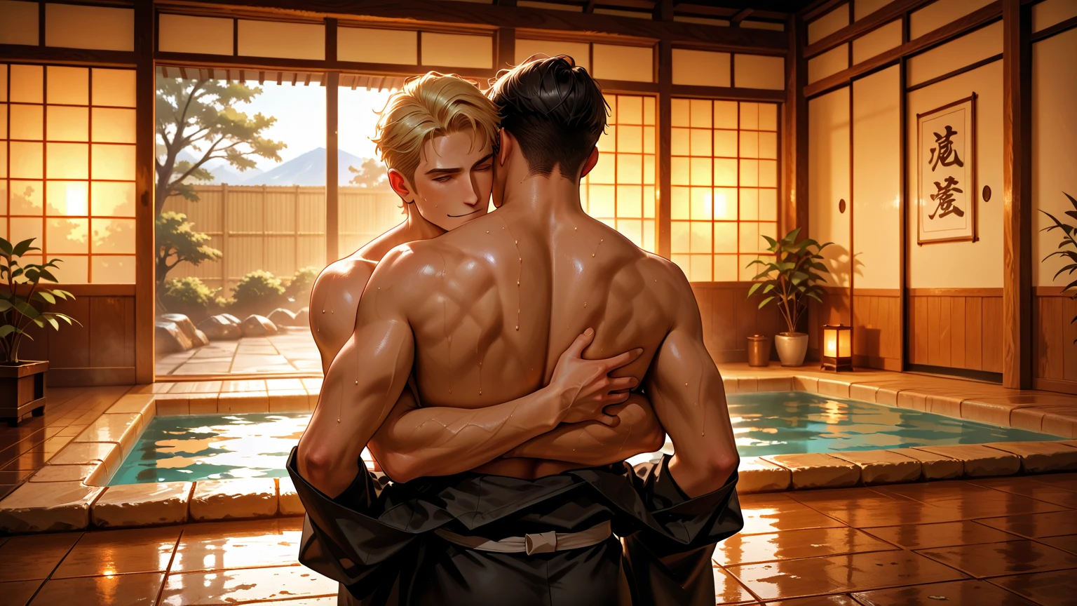 Highest quality、Midsummer evening、Skinhead、Two muscular men wearing yukata on the veranda、Embarrassed face、Pectoralis major、Abdominal muscles、Brown skin、firework