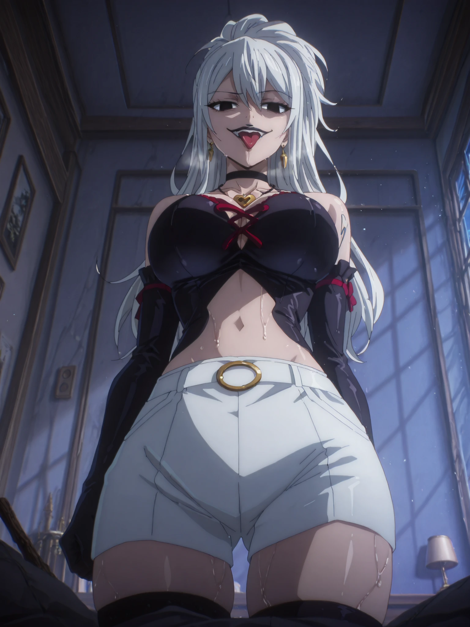 SFW, anime girl laying in bed with clothing cover her big chest, long white hair, seductive anime girl, white haired deity, anime woman fullbody art, perfect white haired girl, full body;, anime barbie in white stockings, white haired, full body picture, extremely detailed artgerm, black blindfolded,  slave tatto on crotch