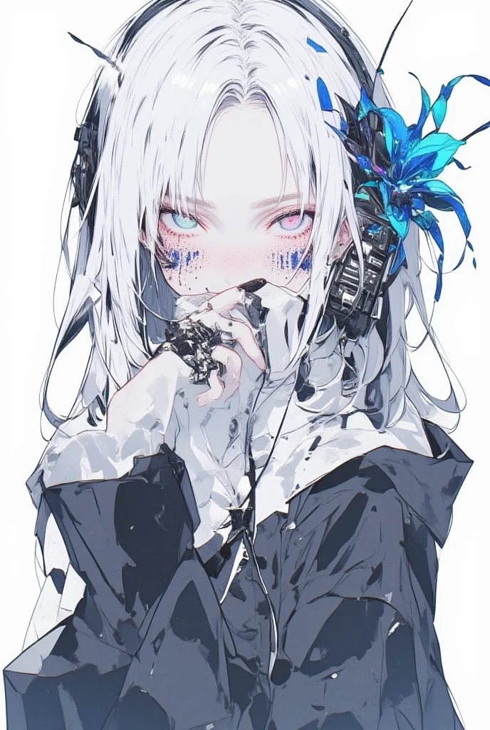 1girl, kawaii, melancholy expression, long hair, bangs, long cropped bangs hide both eyes, bare shoulders, jacket, upper body, white hair, blunt bangs, off shoulder, open jacket, black jacket, hair over eyes, arm tattoo, shoulder tattoo, Around the girl are splashes of black and white paint or ink that reflect the colors of the yin-yang symbol behind her Smoke and fog intertwined with the paint splashes add to the dramatic effect,