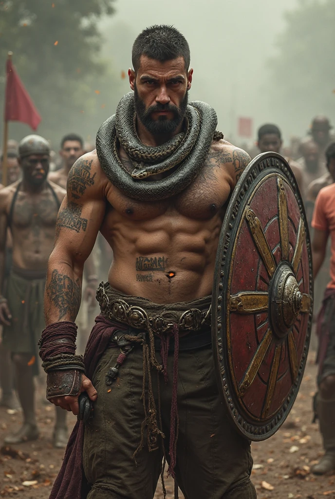 Celtic warrior without armor, tearing down a building