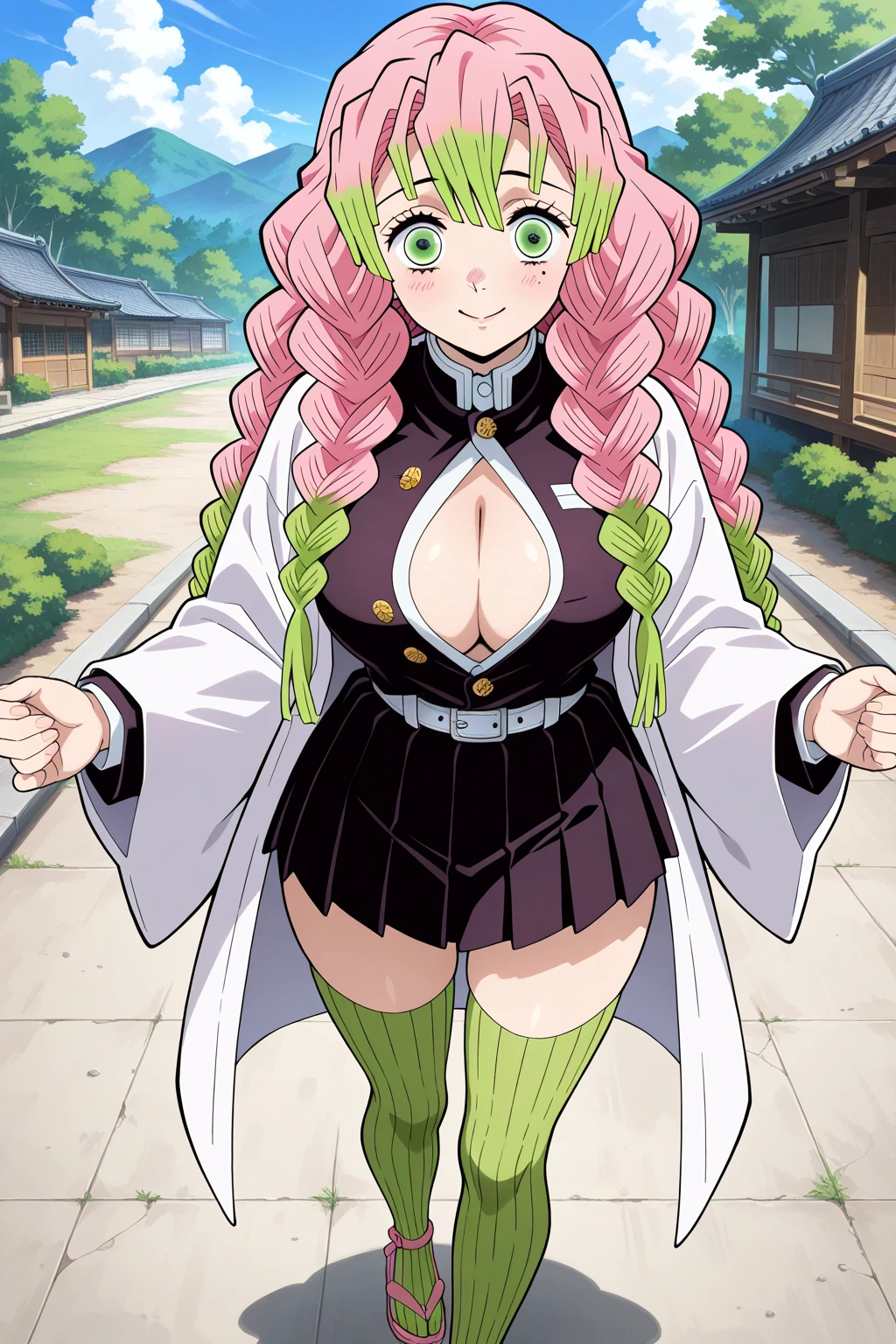 1girl, Mitsuri Kanroji, kimetsu no yaiba style, braid, anime coloring, japanese cloths, black skirt, green thighhighs, cleavage, open cloths, miniskirt, smile, blush, holding a sword, rain, outdoors, night time, simple background, night sky, forest, looking at the audience,