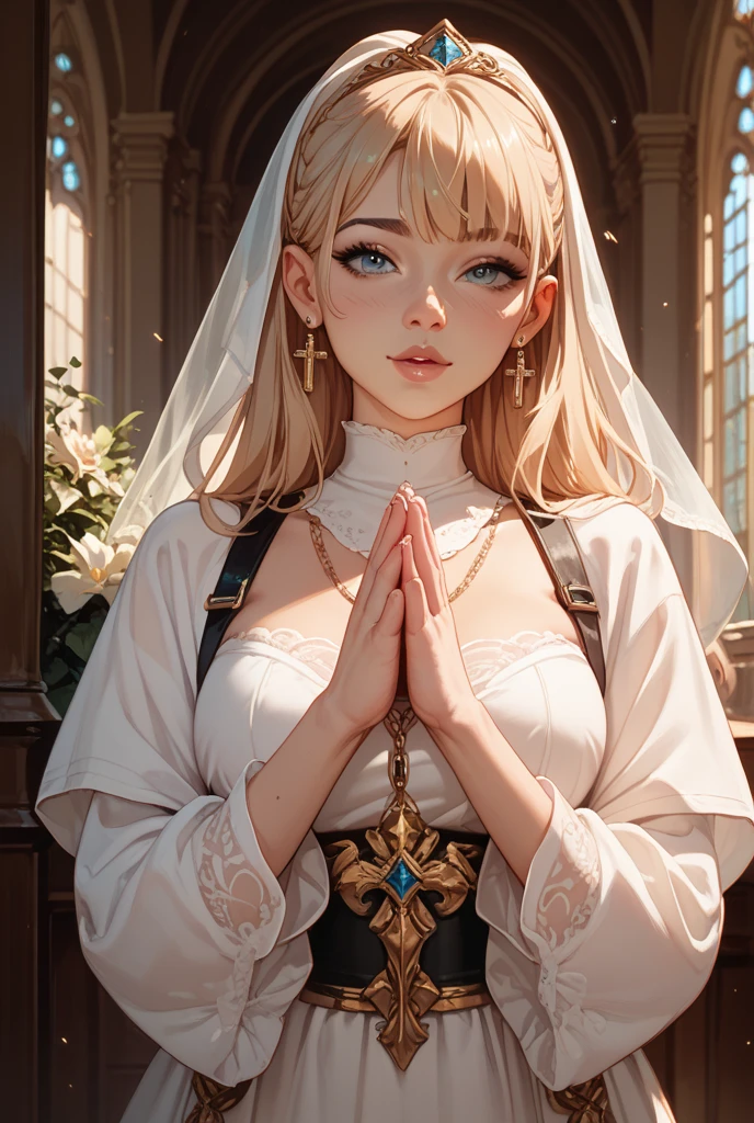 masterpiece, Highest quality, Highly detailed CG Unity 8K wallpapers,((whole body, 15歳のfew女1人)), ((Inside a pagan church)), (Long pointy ears), Elegant long wavy platinum blonde hair, ((Average chest size, Self-illuminating skin)), ((few々skimpy nun uniform, Ceremonial decoration)), (Sweaty, wet white skin), (blush), , (A kind smile), cute, Symmetrical face, Detailed eyes, Key Art, Awards, intricate detail realism hdr, Photorealism, Hyperrealism, Ultra-realistic, Dramatic Light, Strong Shadows, Nice views, Written boundary depth